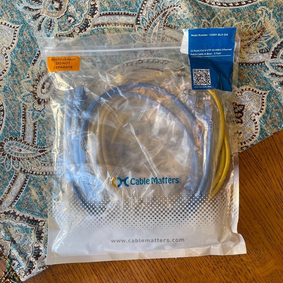 2 ea blue Cat 6 Ethernet cables 3 ft.  1 ea. yellow cat 5 Ethernet cable 6ft. - Picture 1 of 2